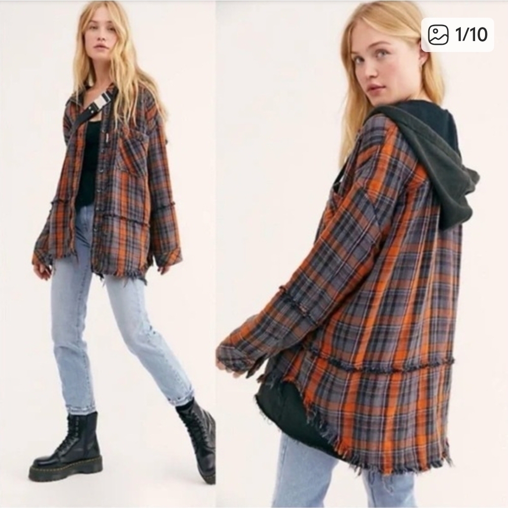 We The Free Plaid Hooded Shacket in Orange and Gray
